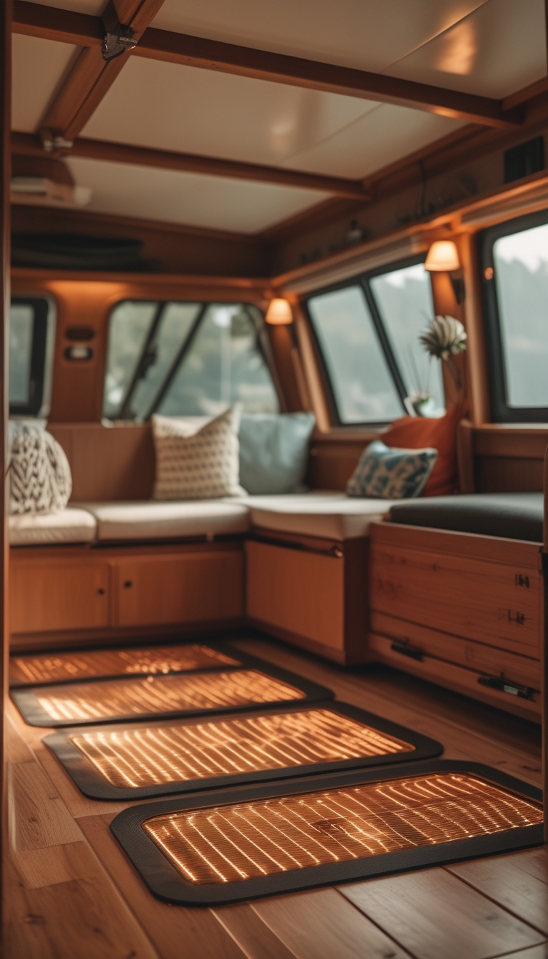 Cozy interior of a small houseboat with wooden floors and comfortable seating, illuminated by natural light through large windows.