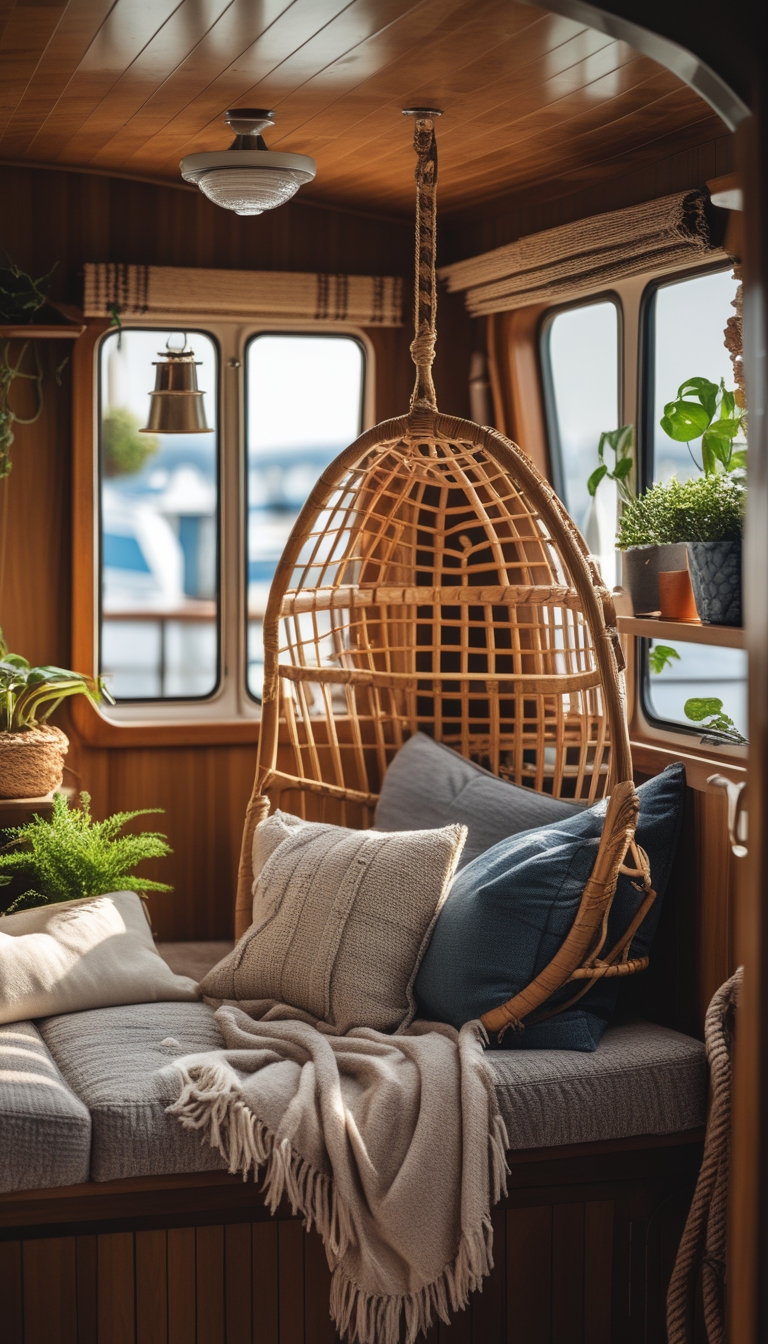 A cozy nook inside a houseboat with a hanging rattan chair, cushions, and warm natural light.