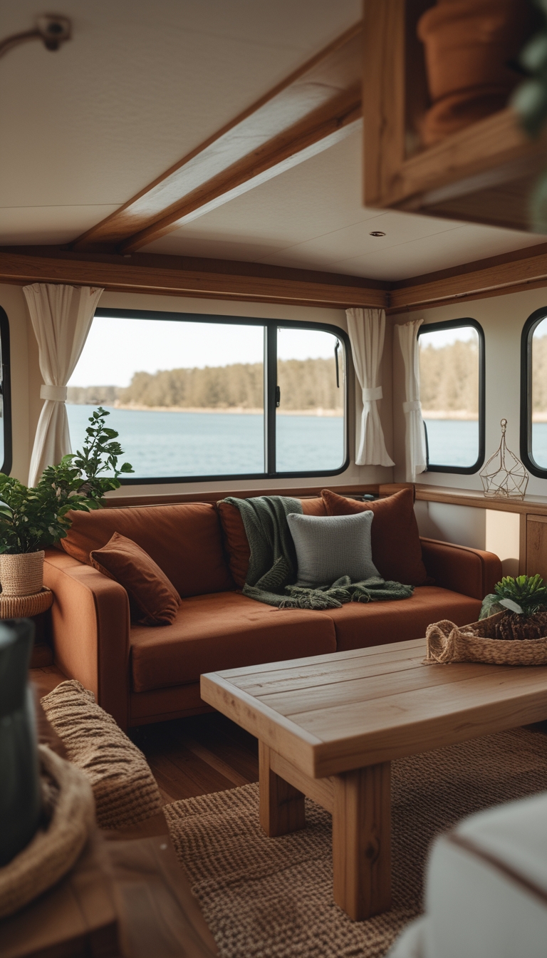 Interior of a cozy houseboat living area with wooden walls, a sofa with rust and green cushions, plants, and large windows overlooking water.