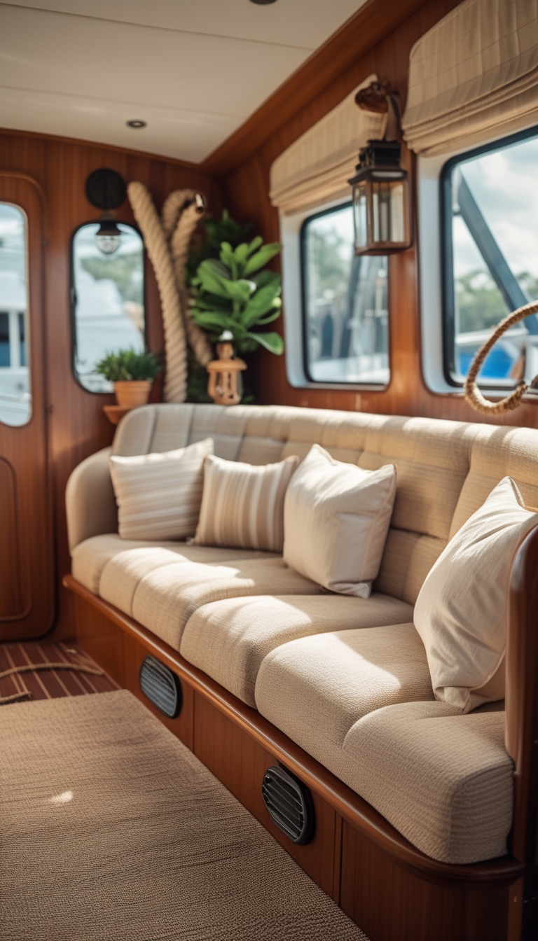 Interior of a cozy houseboat with custom-fit upholstered seating, wooden walls, and natural light coming through windows.