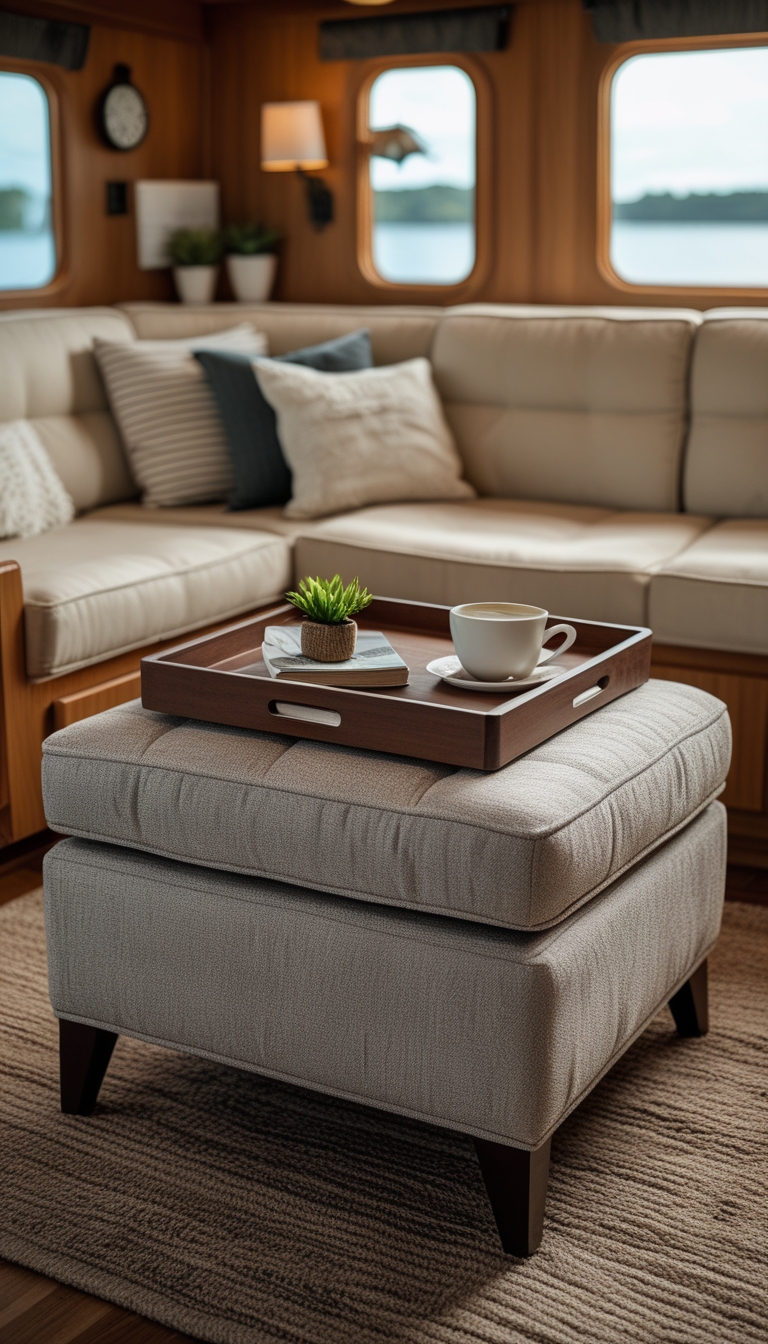 Multi-functional ottoman with a tray top in a warm houseboat interior featuring wooden walls, soft cushions, and a view of the water through large windows.