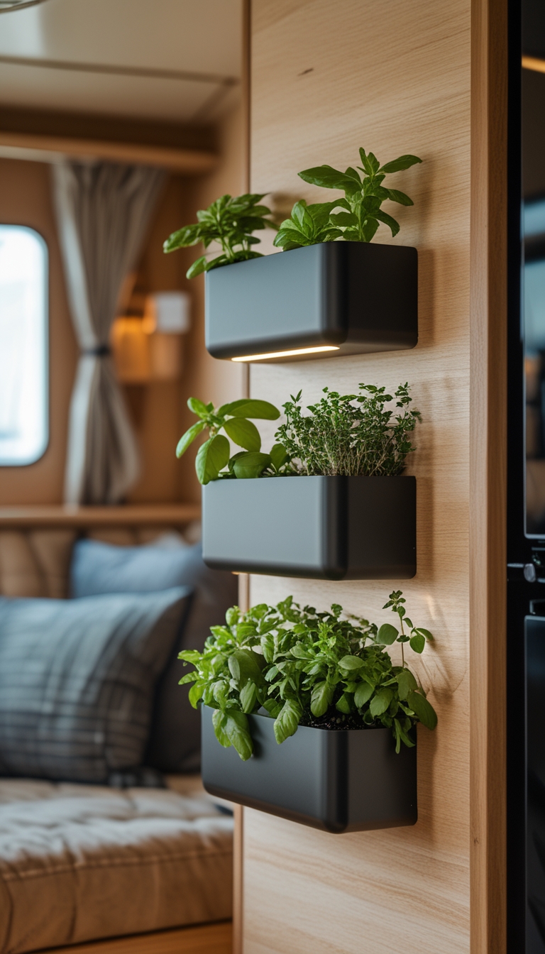 Indoor herb garden with green plants growing in magnetic planters attached to a wooden wall inside a cozy houseboat interior.