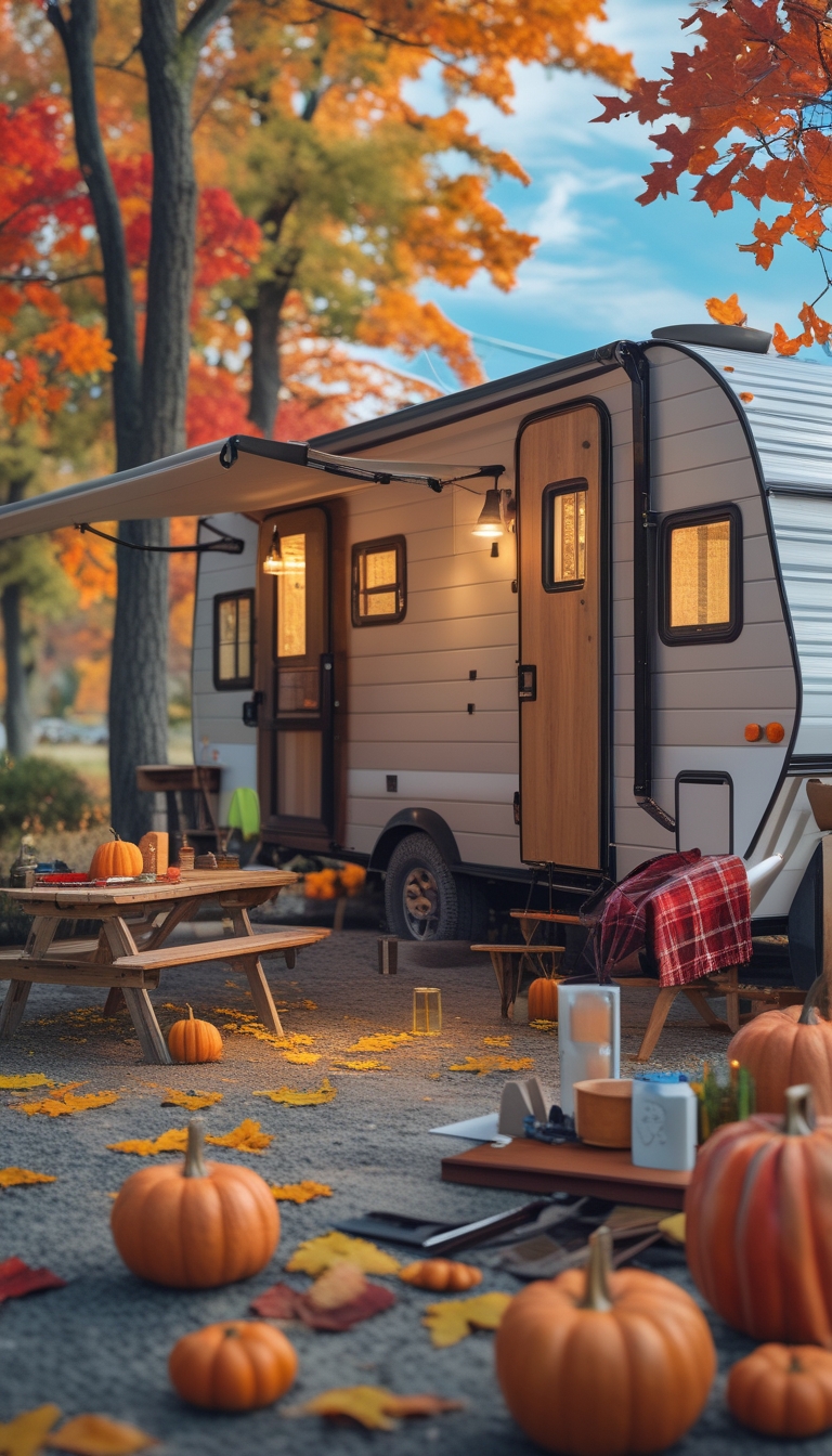 A cozy RV in a colorful autumn forest with renovation tools and fall decorations around it.