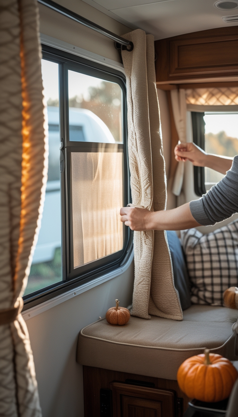 Person installing insulated thermal curtains inside an RV during fall renovation.