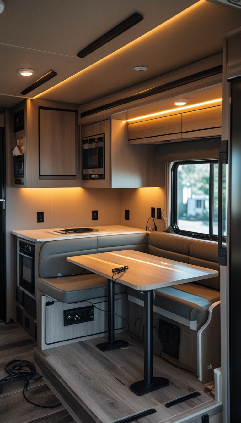An RV kitchen and dinette area with warm LED puck lights installed under cabinets and above the table, showing a cozy and updated interior.