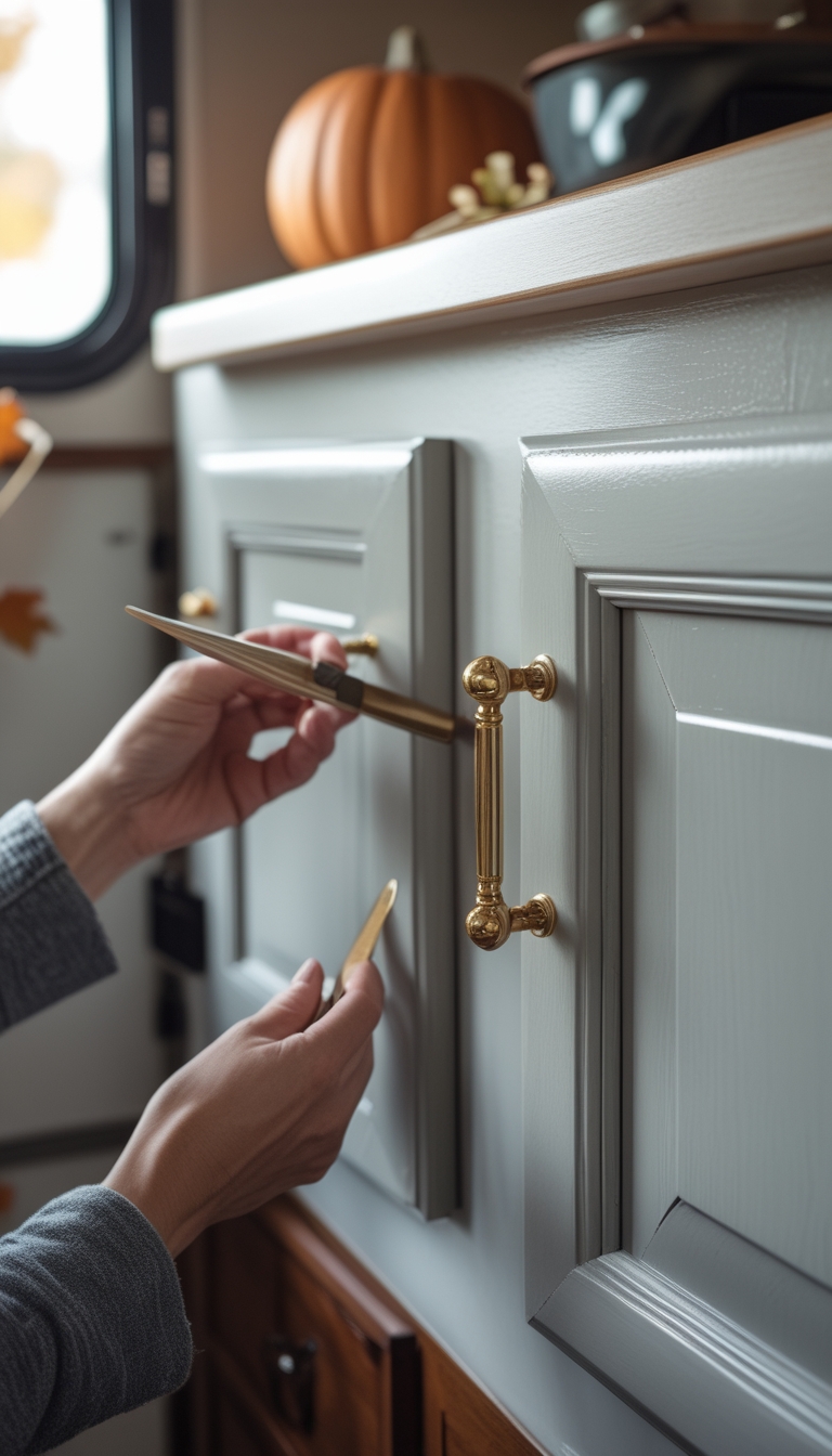 Close-up of hands refinishing RV cabinet doors with chalk paint and installing new brass pulls inside an RV.