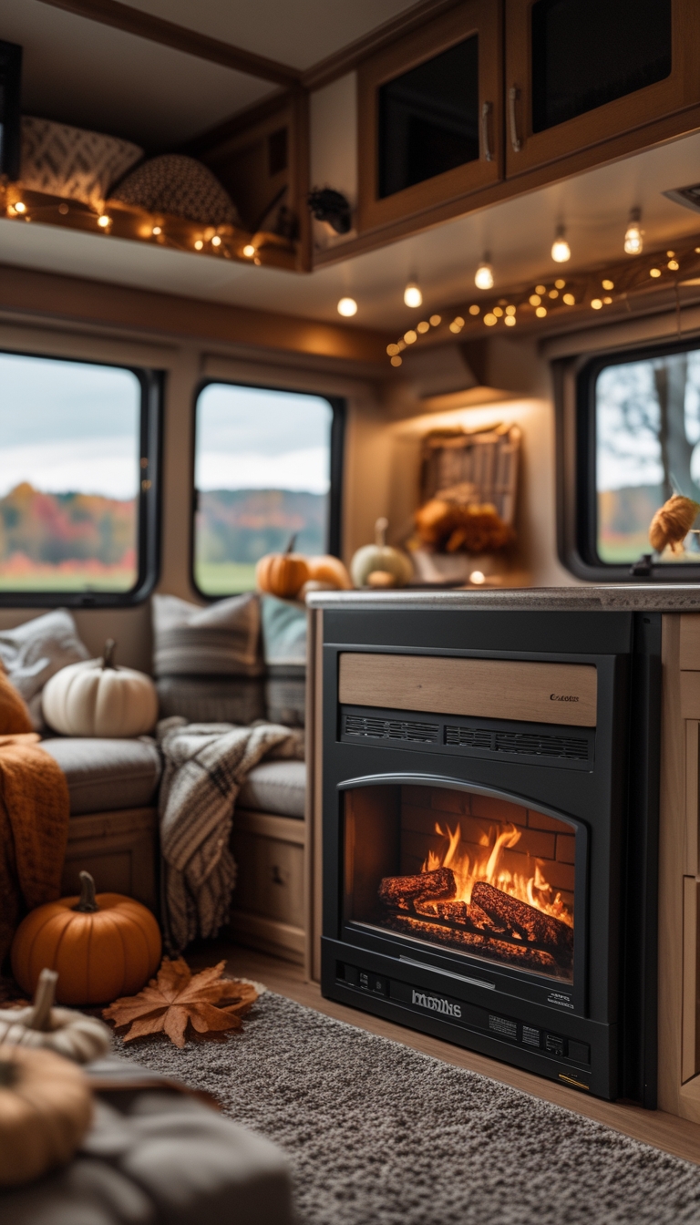 Interior of an RV living area with a compact electric fireplace insert surrounded by fall decorations and a view of colorful autumn trees outside.