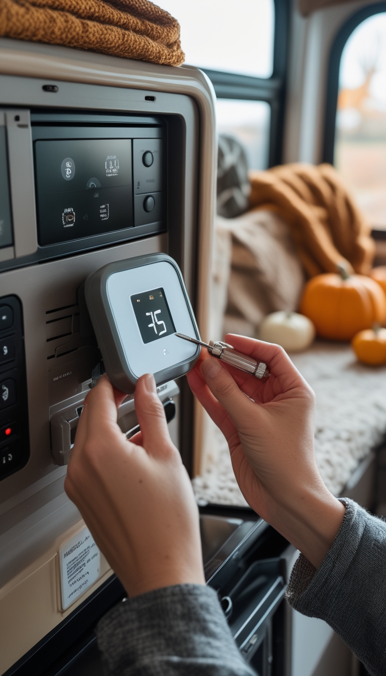 Hands installing a smart thermostat inside an RV with cozy fall decorations in the background.