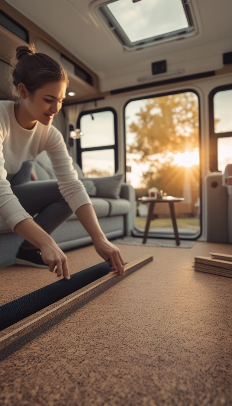 Hands installing peel-and-stick cork flooring in an RV living area with a couch and windows in the background.