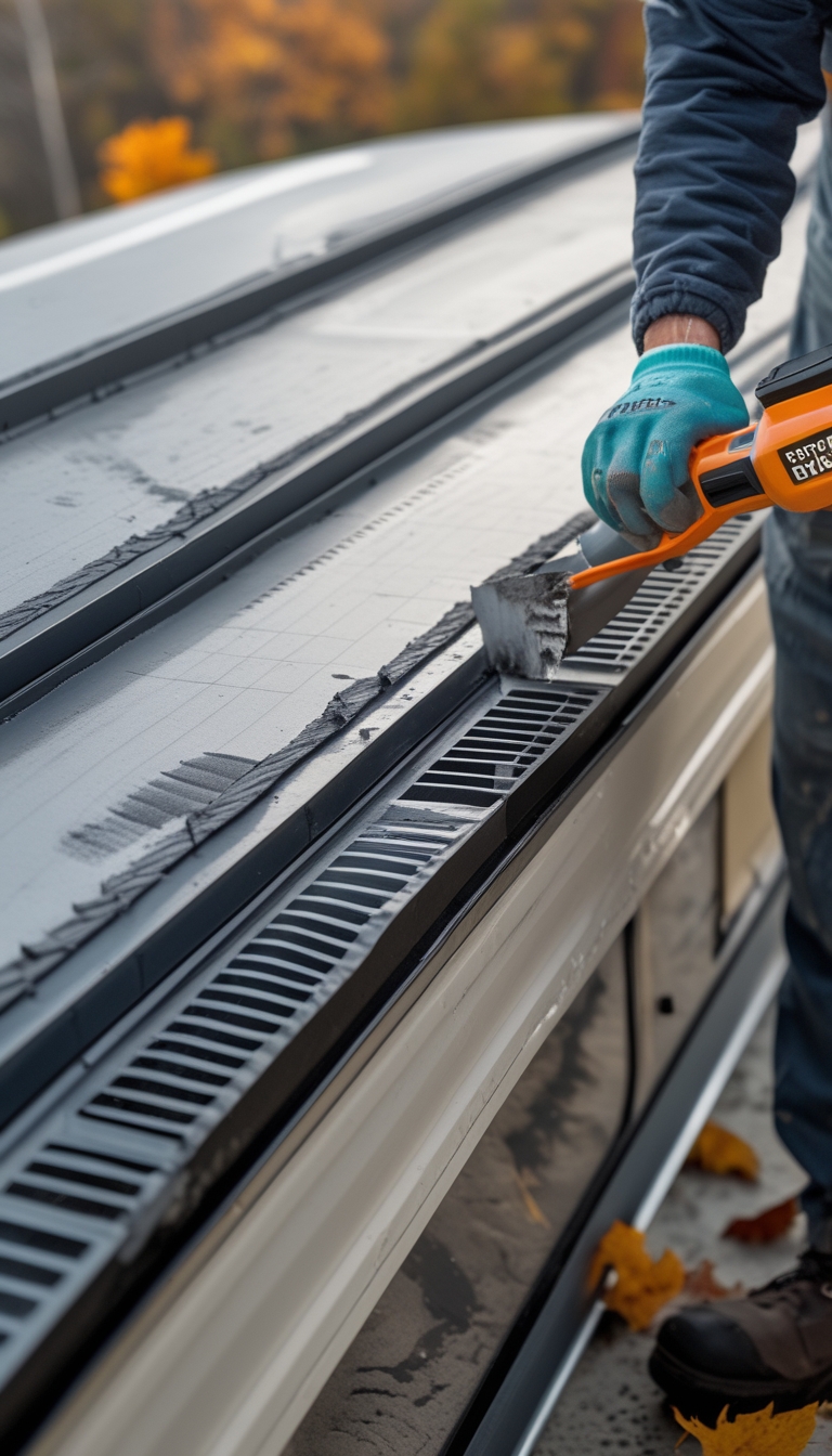 Person sealing roof seams and vents on an RV roof outdoors during fall.