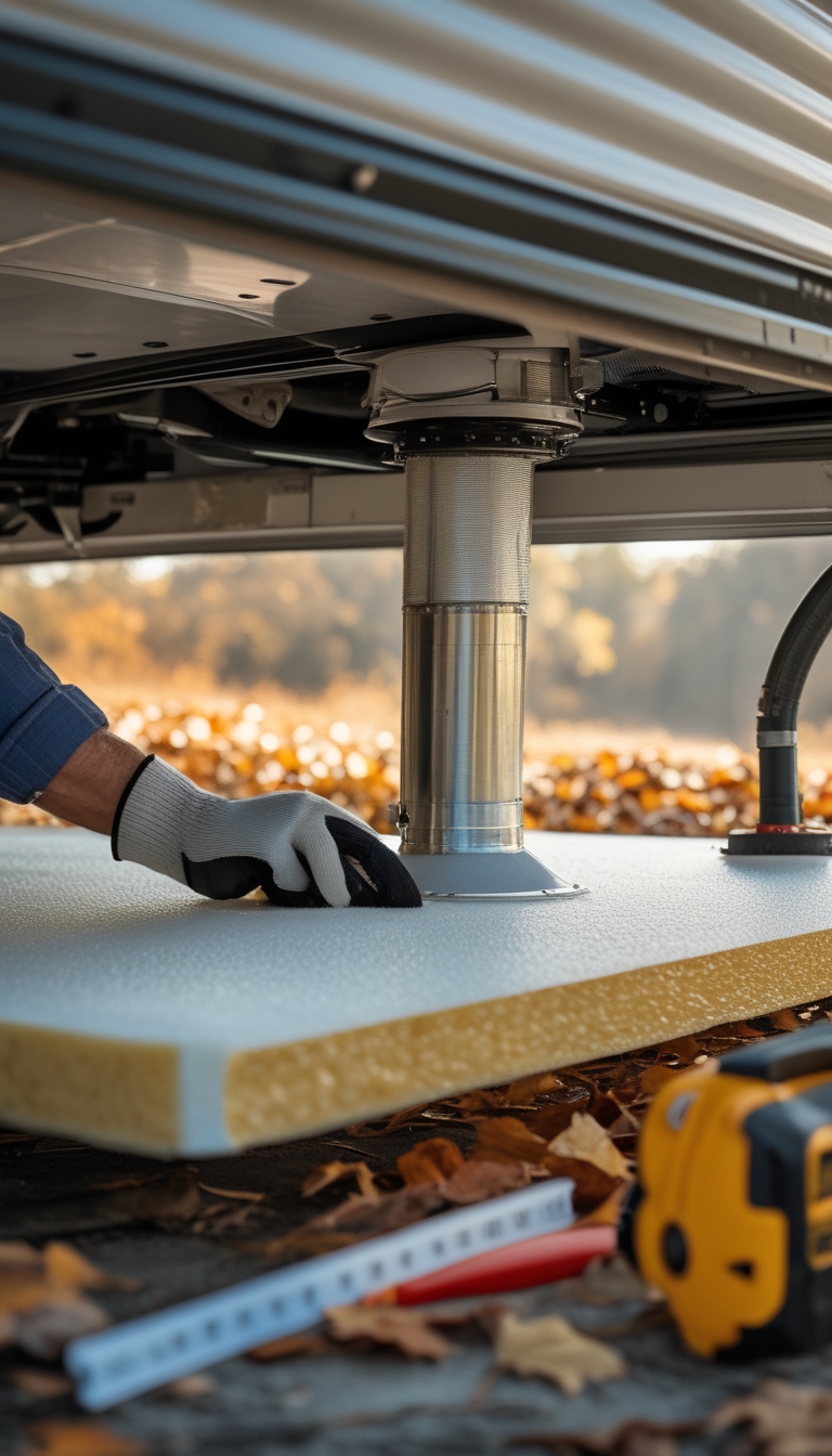 Person installing foam board insulation panels under the underside of an RV near heated tanks during a fall renovation.