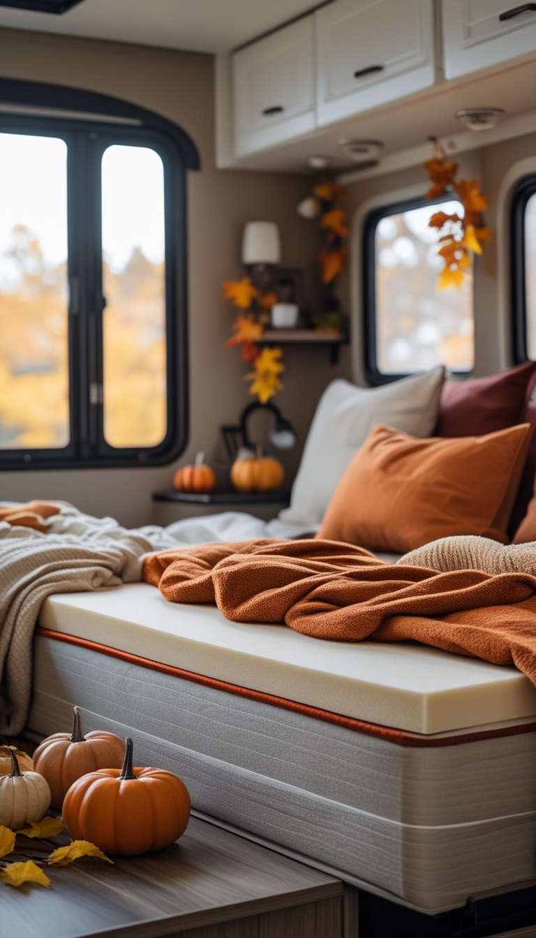 Interior of an RV bedroom with a bed featuring a thick memory foam mattress topper and autumn decorations.