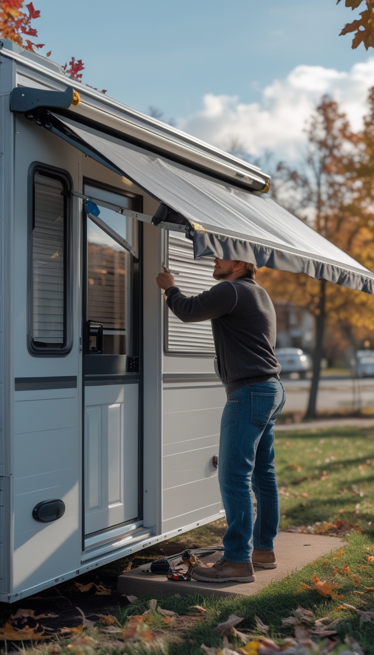 Person installing a window awning above a doorway of an RV with autumn trees in the background.