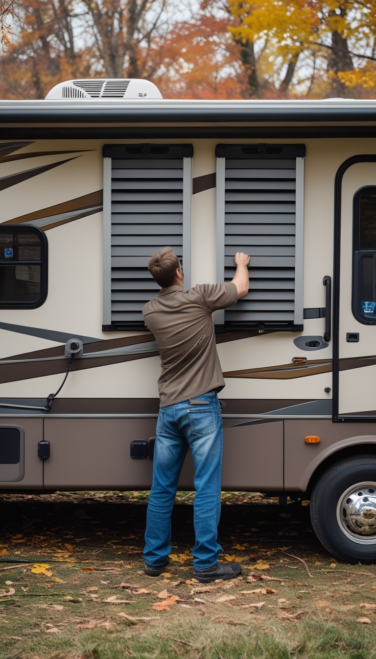 Person installing removable storm shutters on large front windows of an RV outdoors with autumn trees in the background.