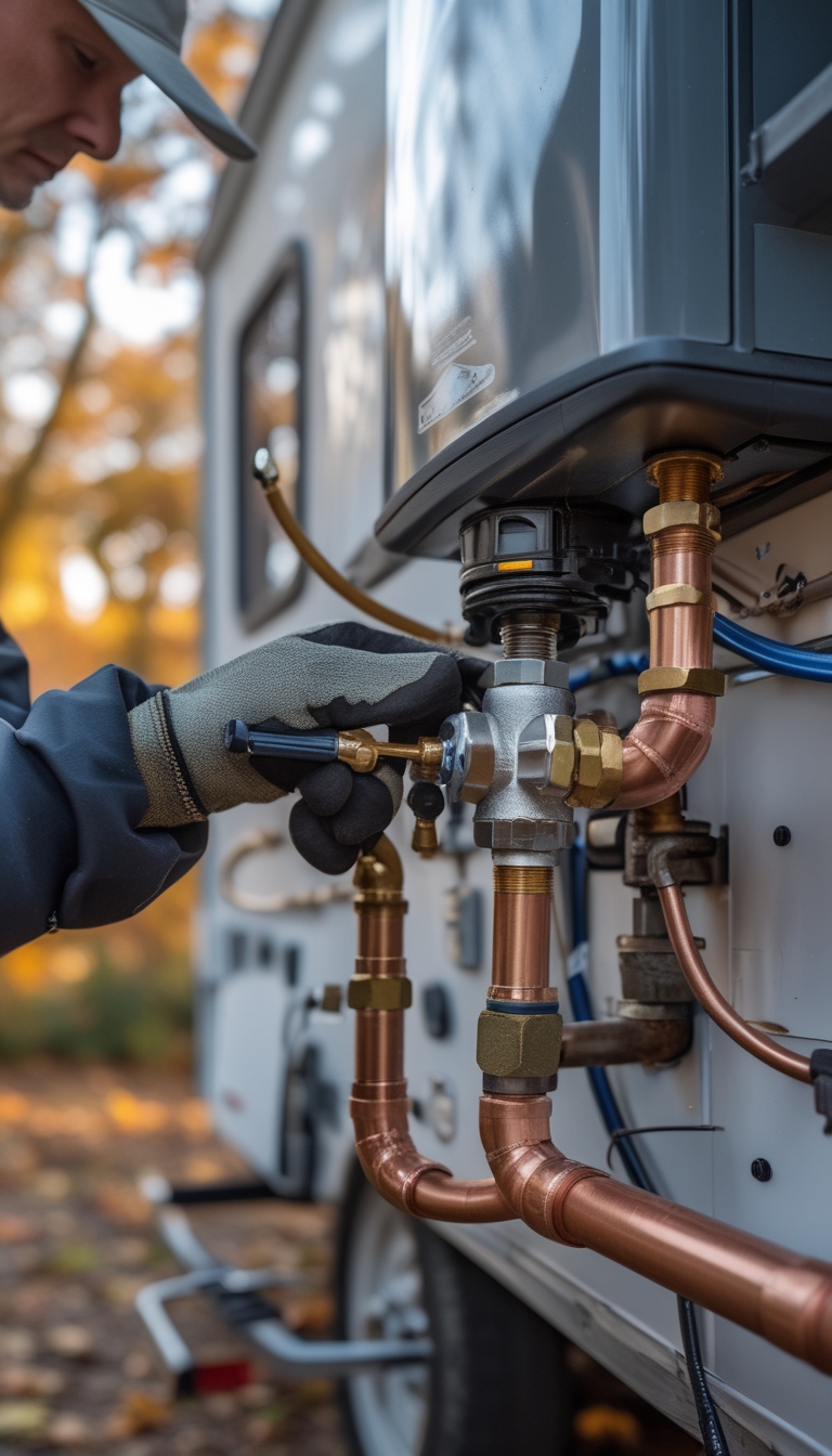 Person installing a tankless propane water heater bypass valve on an RV plumbing system outdoors in fall.