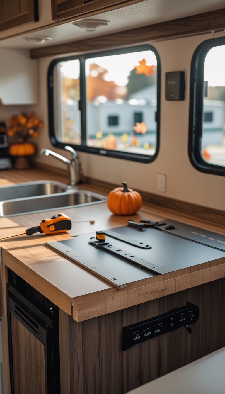 An RV kitchen interior showing a butcher block countertop being installed over a vinyl surface with tools on the counter and autumn light coming through the windows.