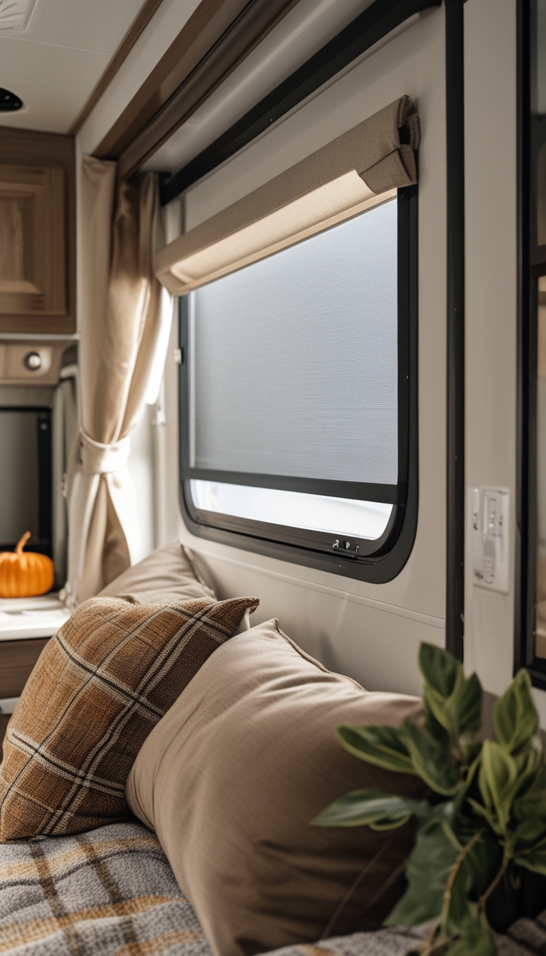 Interior of an RV with magnetic blackout shades partially covering a window, surrounded by autumn-themed decor.