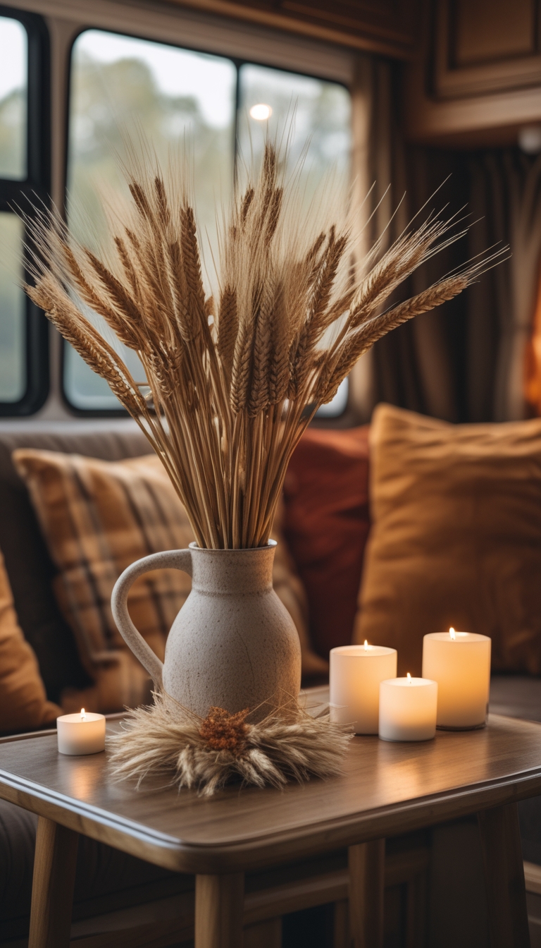 A cozy fall scene inside an RV with a table holding faux wheat in a vase and glowing battery candles.