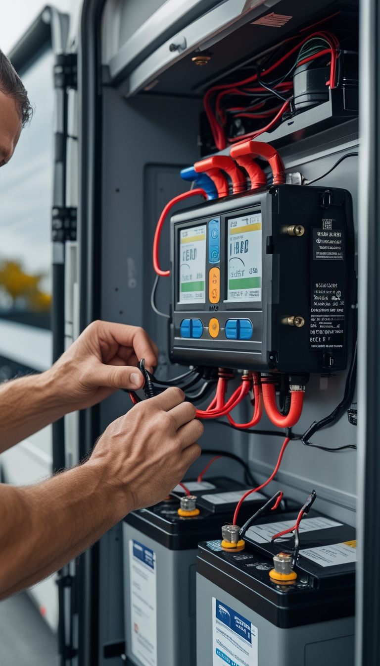 Technician installing a dual-bank battery monitor connected to two AGM batteries inside an RV.