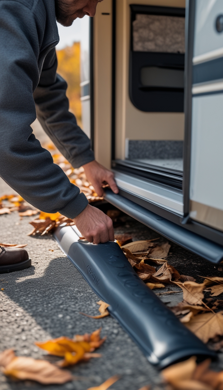 Person installing rubber door sill guards at the entrance of an RV with autumn leaves outside.