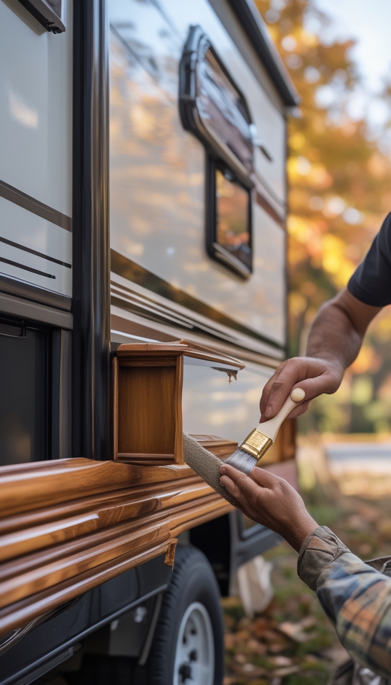 Person applying varnish to the wooden exterior trim of an RV outdoors with autumn leaves in the background.