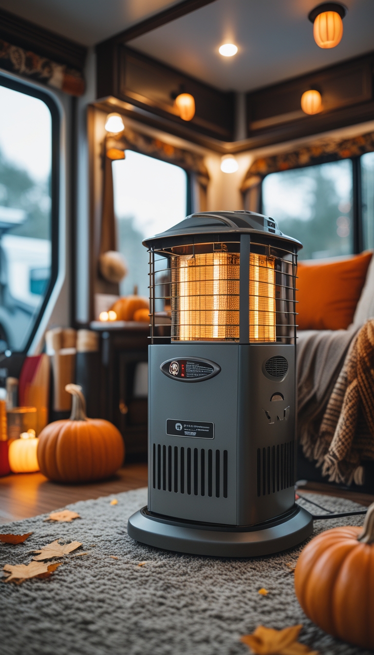 Interior of an RV showing a small space heater with tip-over protection placed near a seating area during fall renovation.