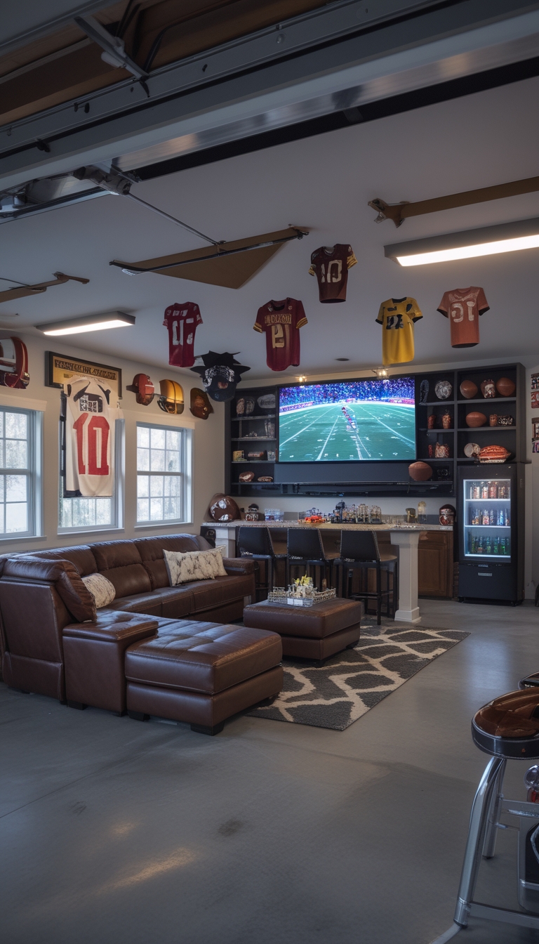 A garage converted into a football-themed man cave with a large TV, comfortable seating, sports memorabilia, a mini-fridge, and game tables.