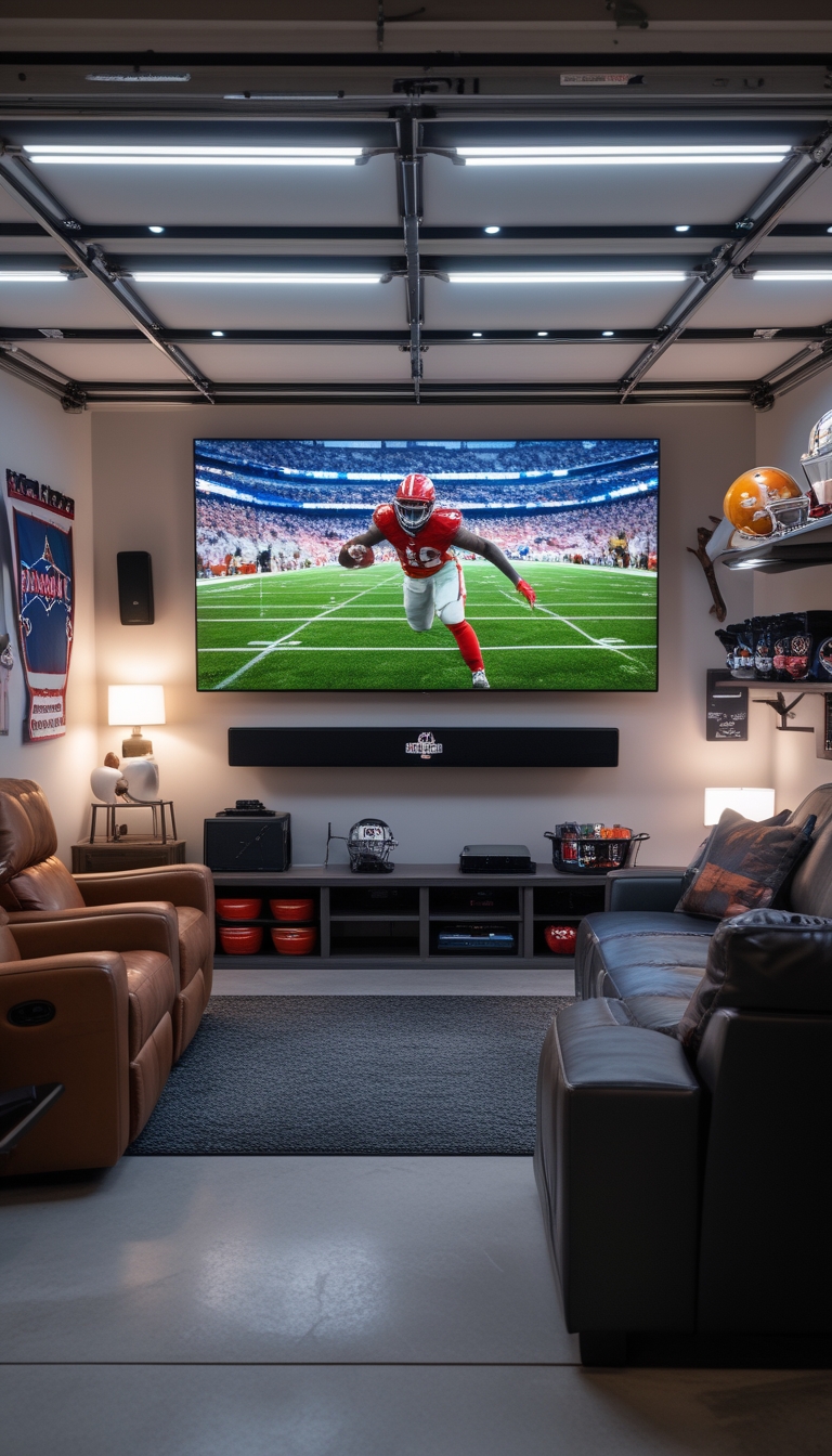 Garage man cave with a 48-inch 4K smart TV and soundbar showing a football game, surrounded by comfortable seating and football decorations.