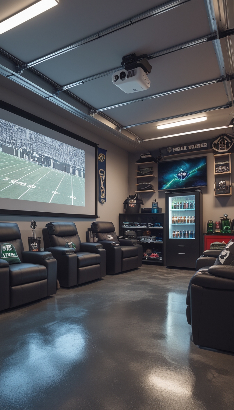 Garage man cave with a large retractable projector screen, projector, comfortable seating, and football-themed decorations.