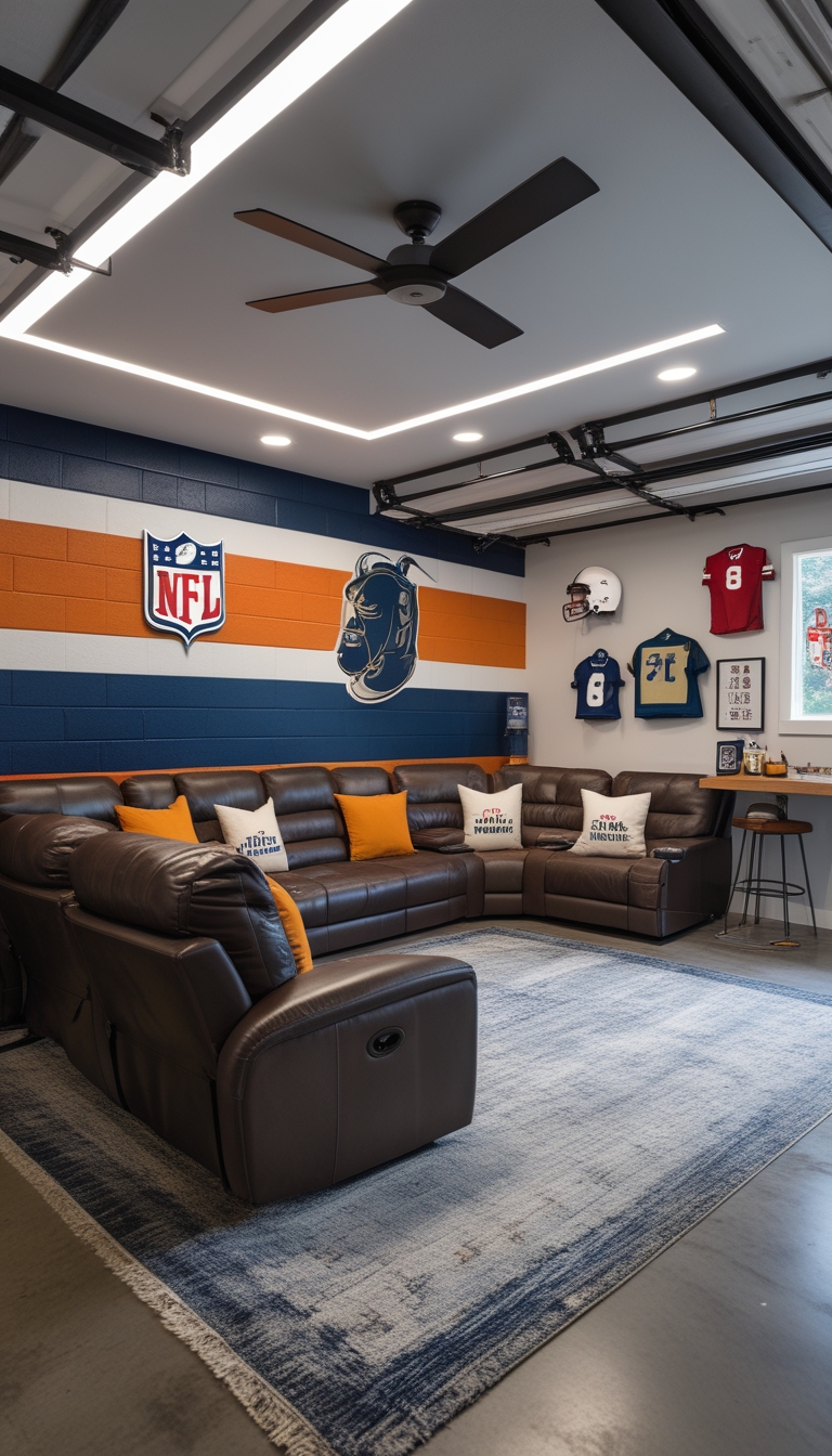 Garage man cave with a large NFL team logo painted on the wall, comfortable seating, a big TV, and football decorations.