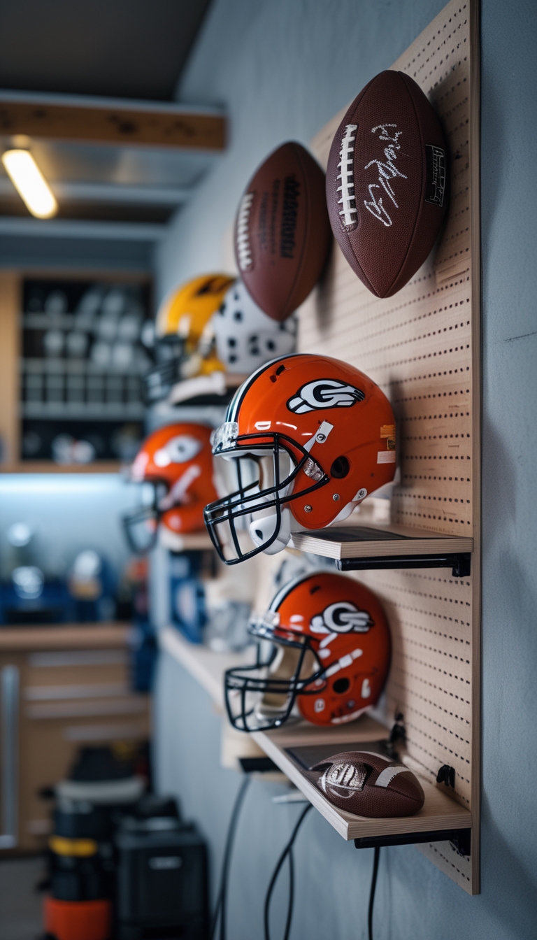 A garage wall with a pegboard holding football helmets and signed footballs in a neatly organized sports-themed man cave.