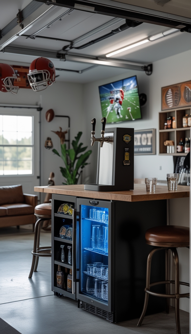 Garage man cave with a dual-tap kegerator serving craft beer, football decorations, seating, and a TV showing a football game.