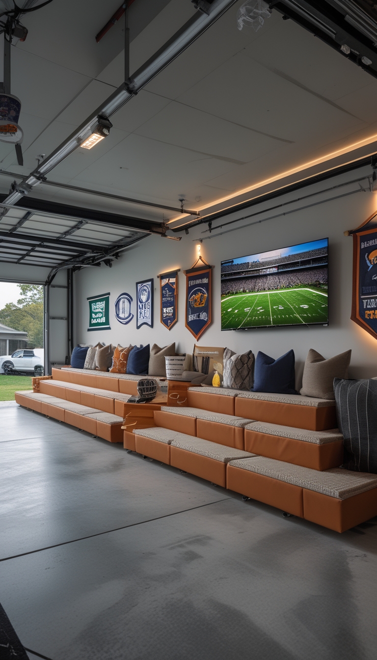 Garage man cave with tiered stadium-style seating benches and football-themed decorations.
