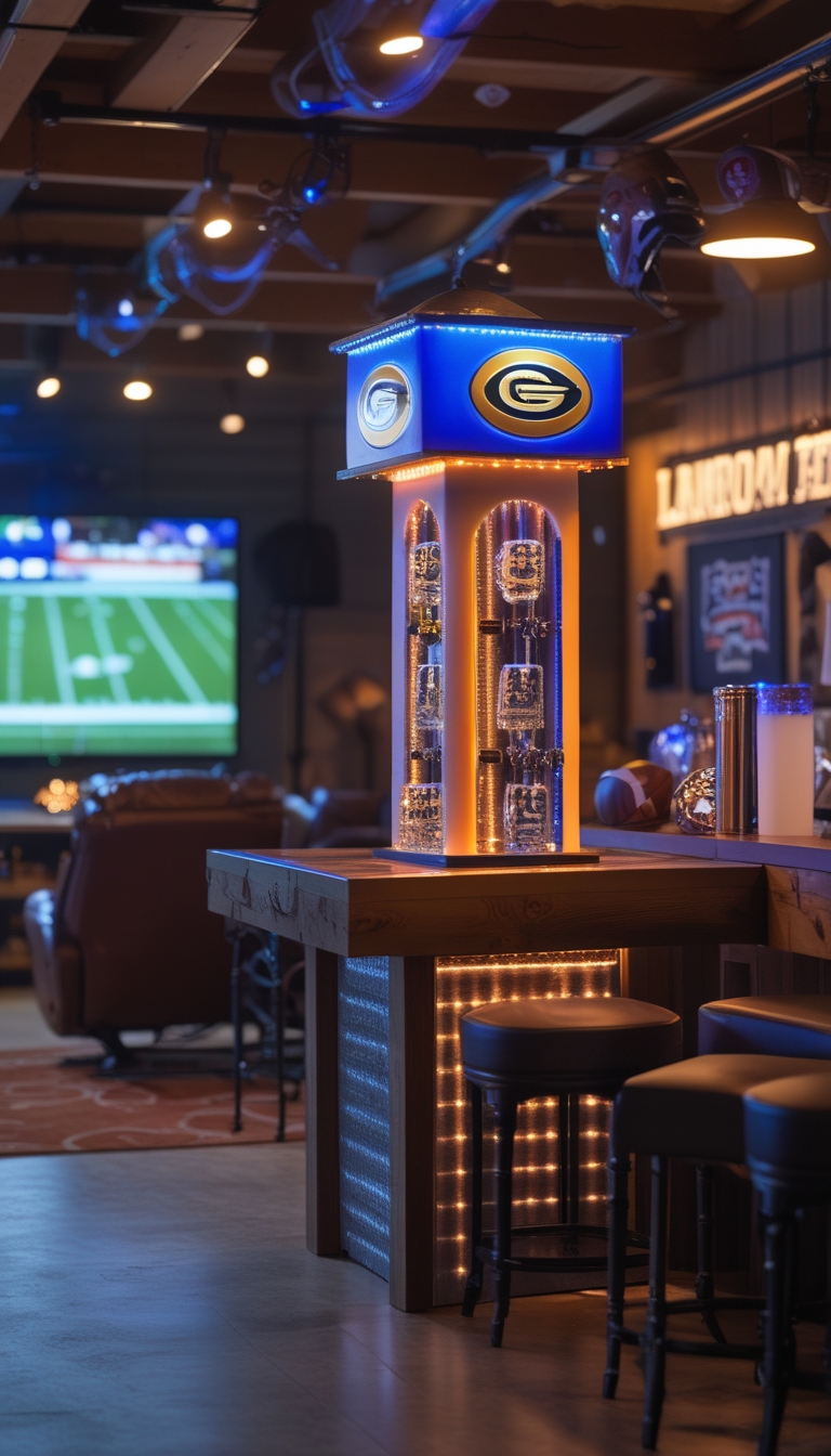 A garage man cave setup for football season with a draft beer tower lit by colorful LED lights and football-themed decorations.