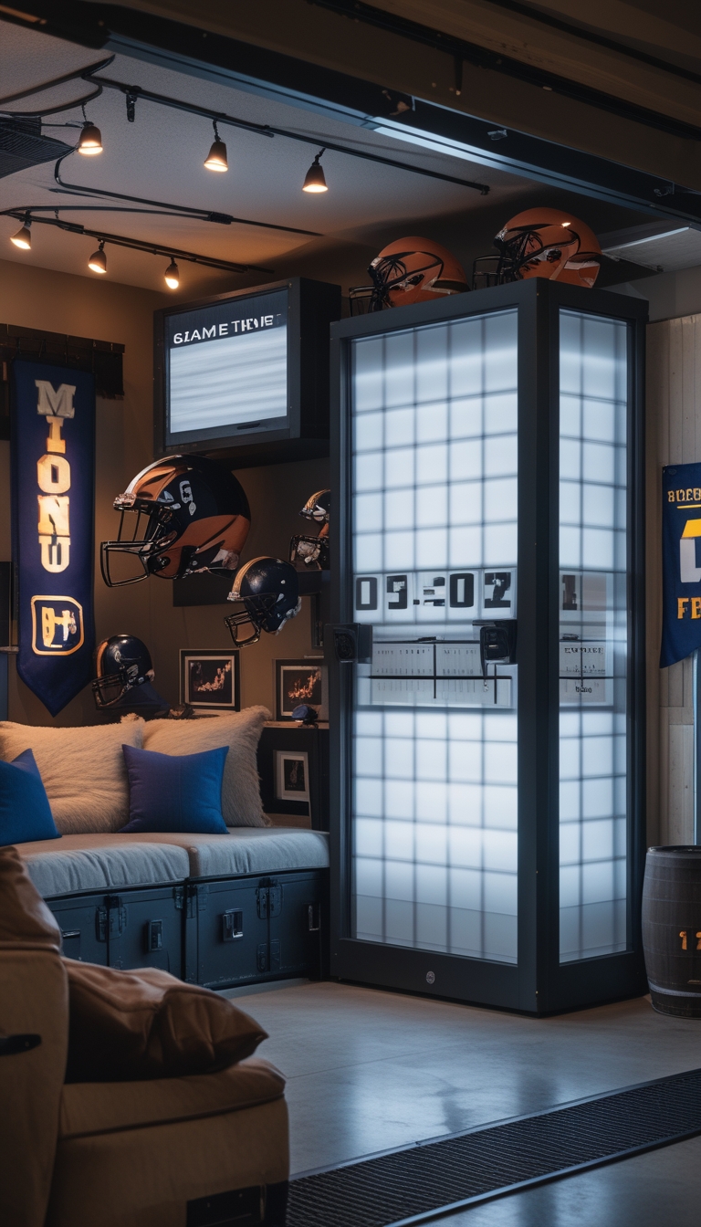 A garage man cave with a large football scoreboard clock mounted on the wall above a seating area, decorated with football memorabilia.