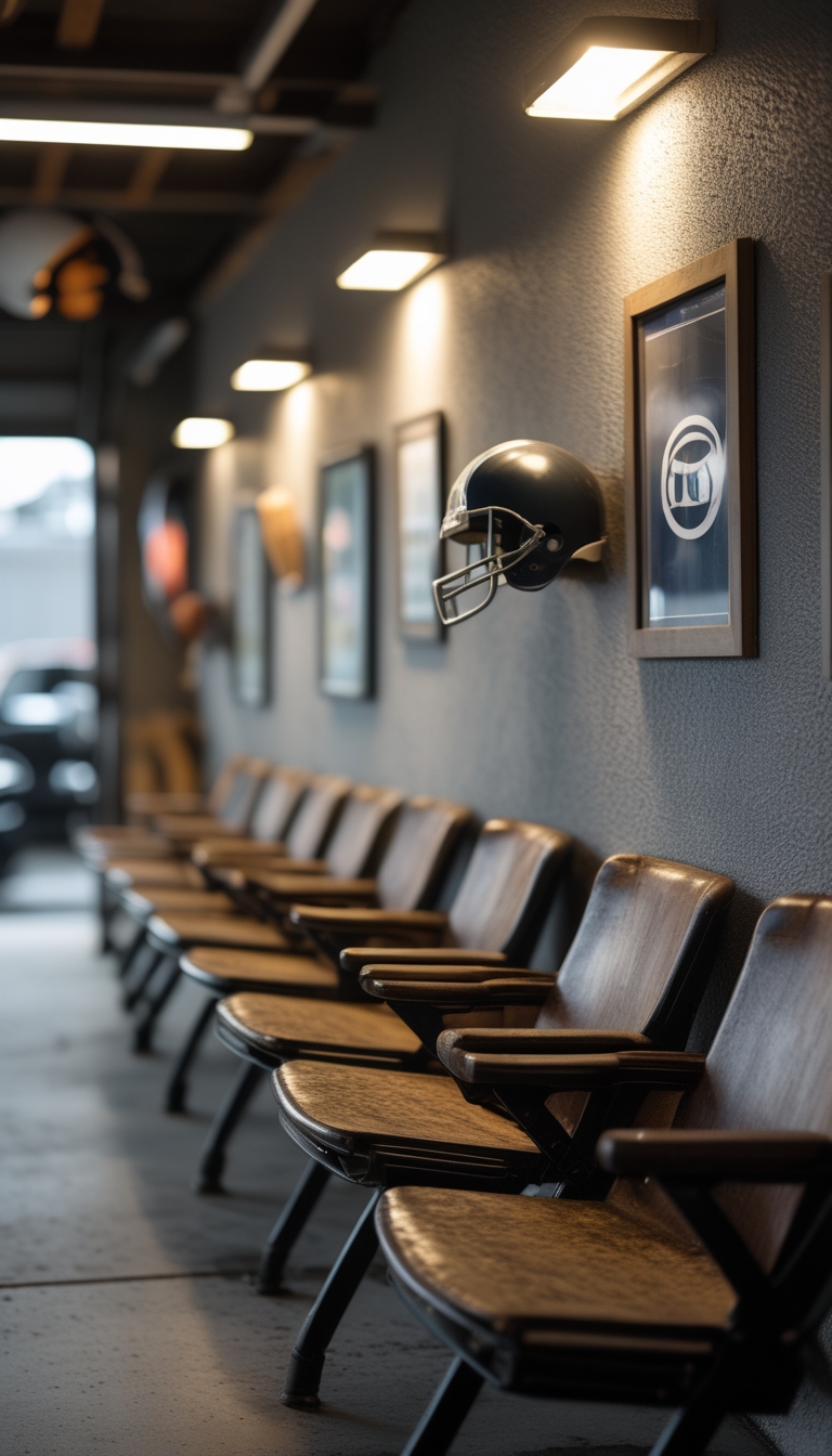 Vintage stadium seats mounted on a wall in a garage man cave decorated with football memorabilia.