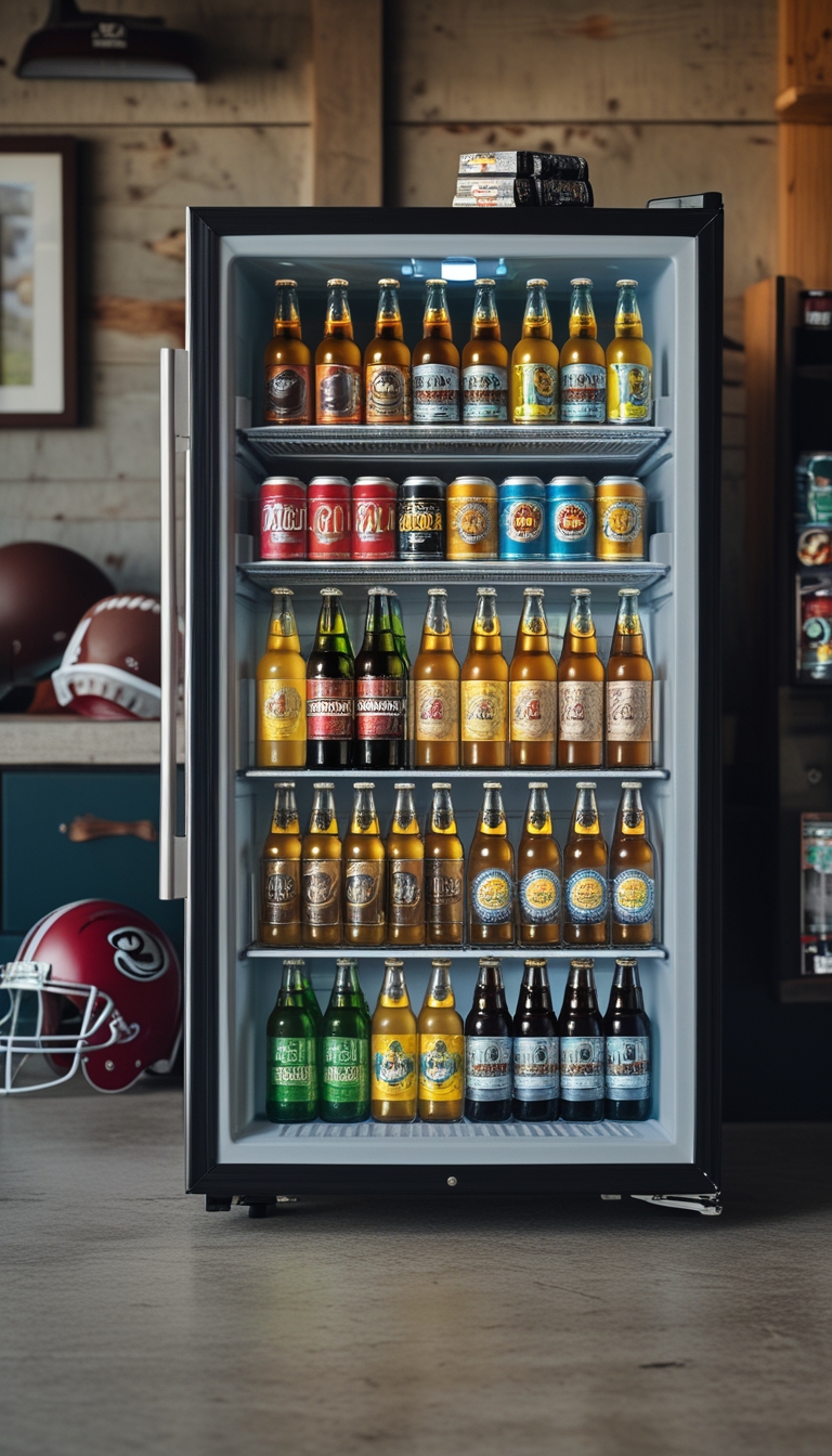 Mini fridge open and stocked with craft beers and soda cans in a garage man cave setting with football gear nearby.