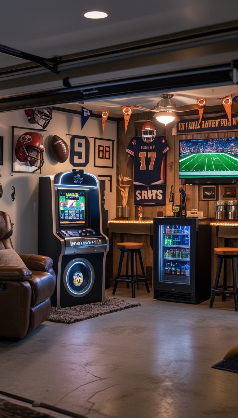 A garage man cave set up for football season with a Bluetooth-enabled pub-style jukebox, comfortable seating, football decorations, and a large TV showing a game.