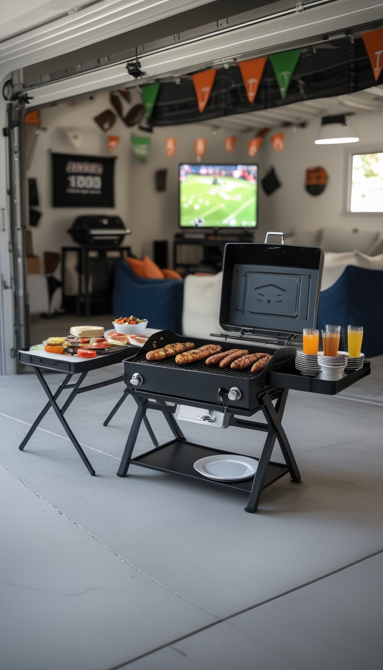 A portable tailgate grill and foldable serving station set up in a garage decorated for football season with food, drinks, and seating.