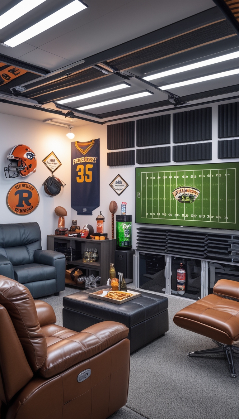 A garage man cave setup with a large TV showing a football game, comfortable seating, football decorations, and soundproofing panels on the walls.
