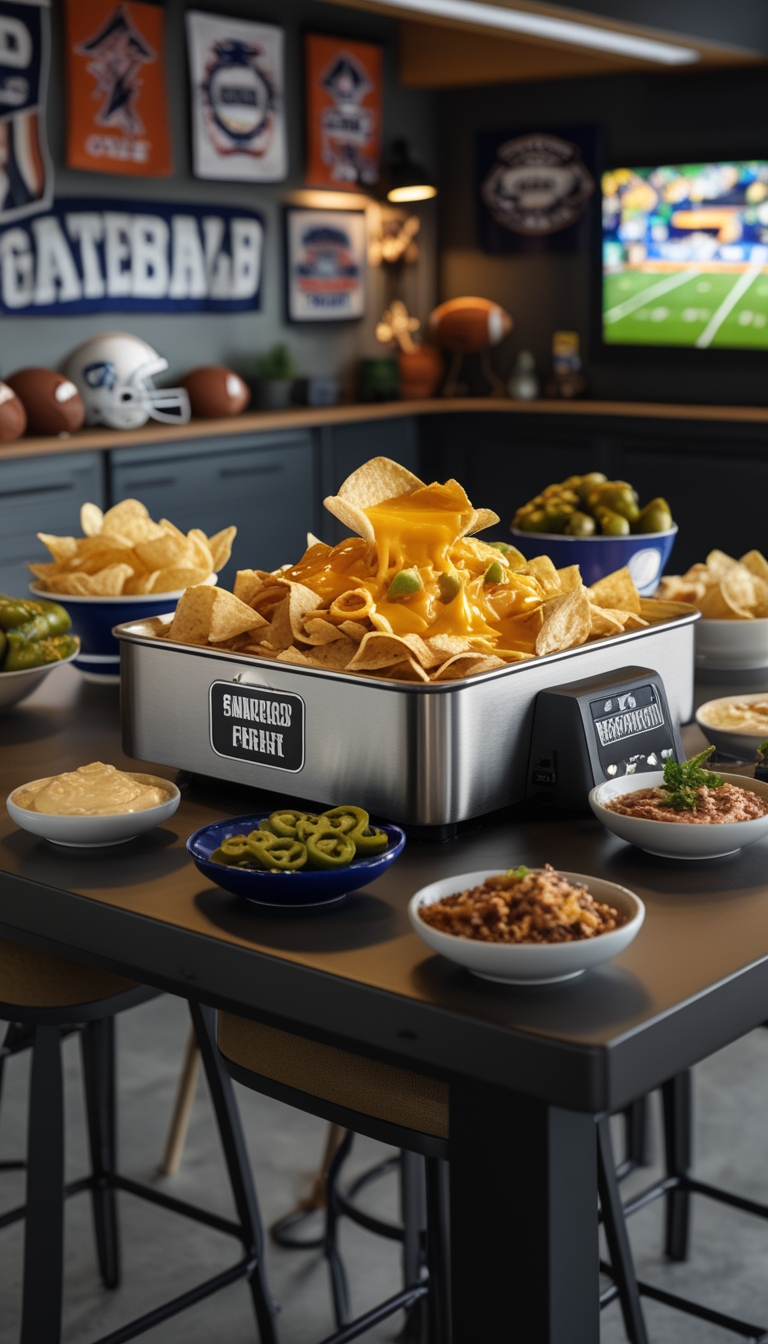 A garage man cave snack bar with a nacho cheese warmer, tortilla chips, and football-themed decorations.