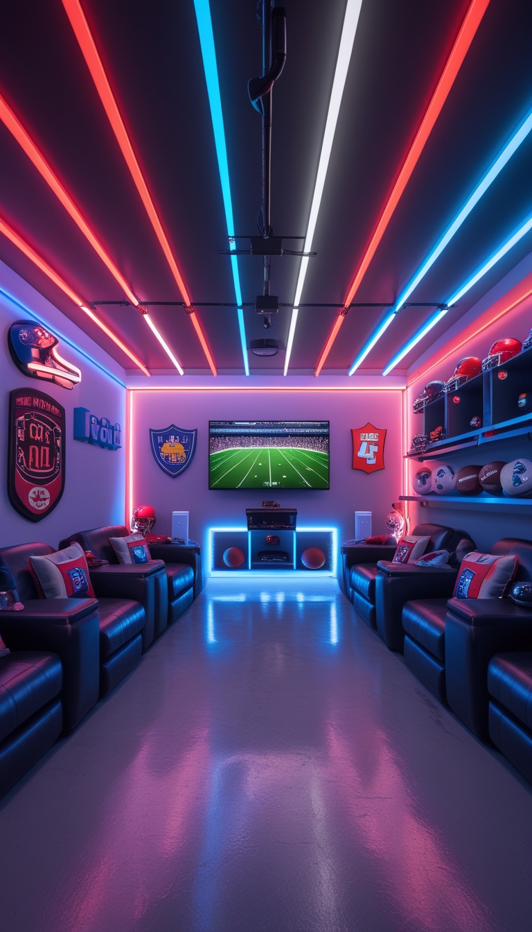 Garage man cave decorated for football season with colorful LED strip lighting, comfortable seating, football memorabilia, and a large TV showing a football game.