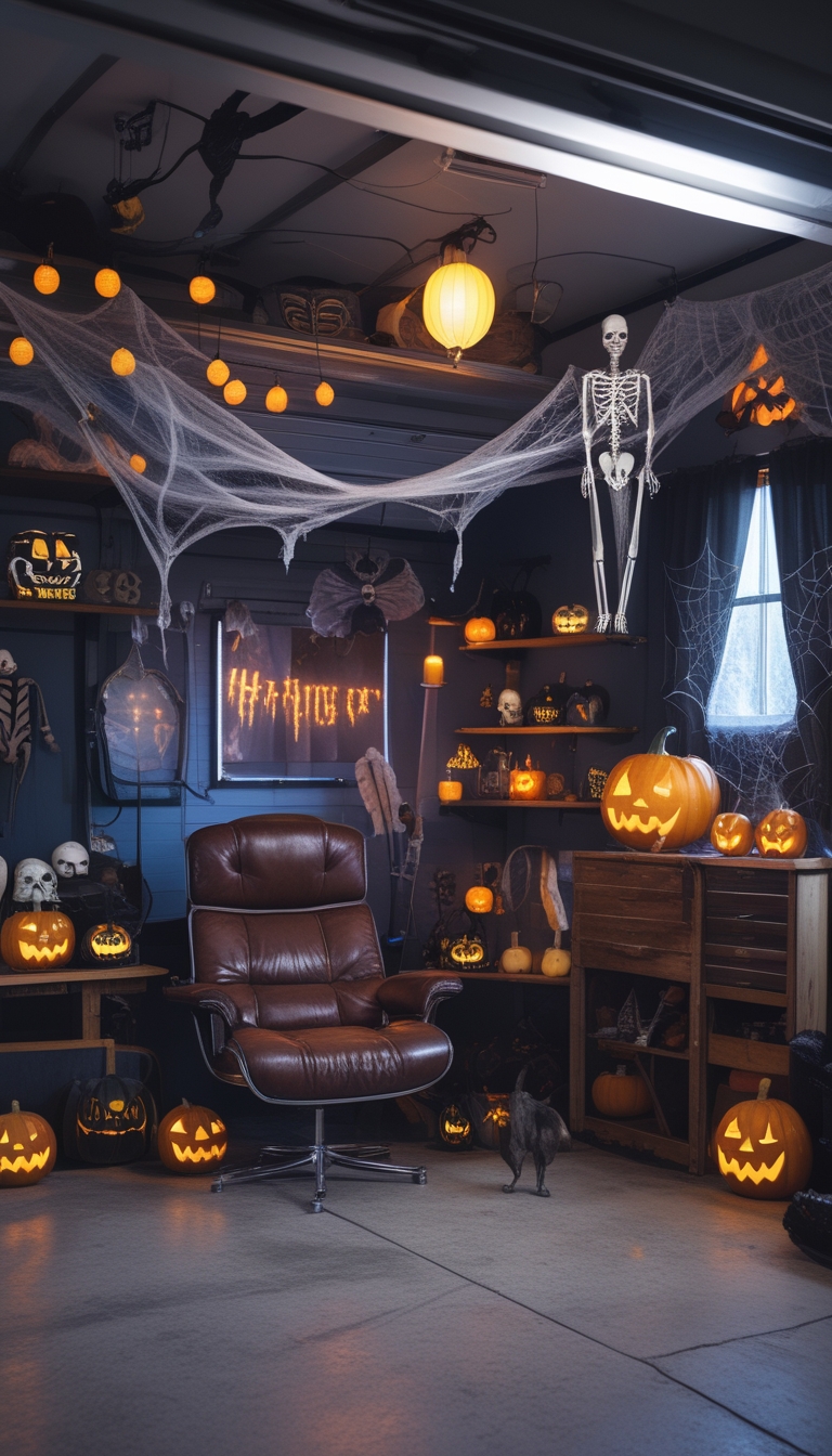 A garage converted into a Halloween-themed man cave with pumpkins, skeletons, cobwebs, and cozy furniture.