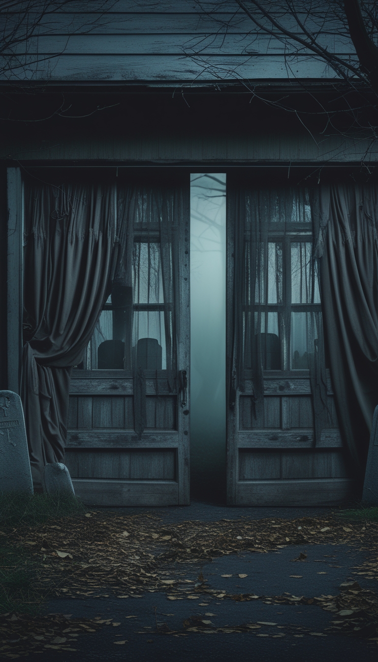 A grim garage with tattered curtains and backlit tombstones visible behind the curtains at dusk.