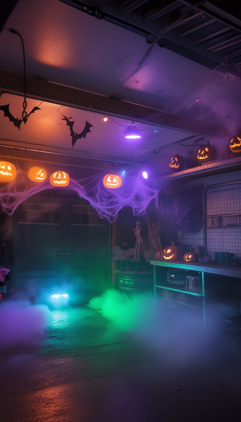 A garage decorated for Halloween with fog and colorful LED spotlights illuminating pumpkins, skeletons, and cobwebs.