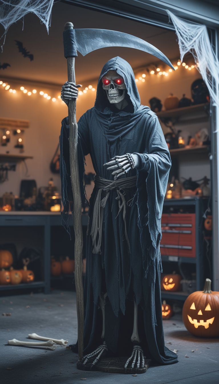 A life-size animatronic grim reaper with glowing eyes in a decorated garage man cave filled with Halloween decorations like pumpkins, cobwebs, and string lights.