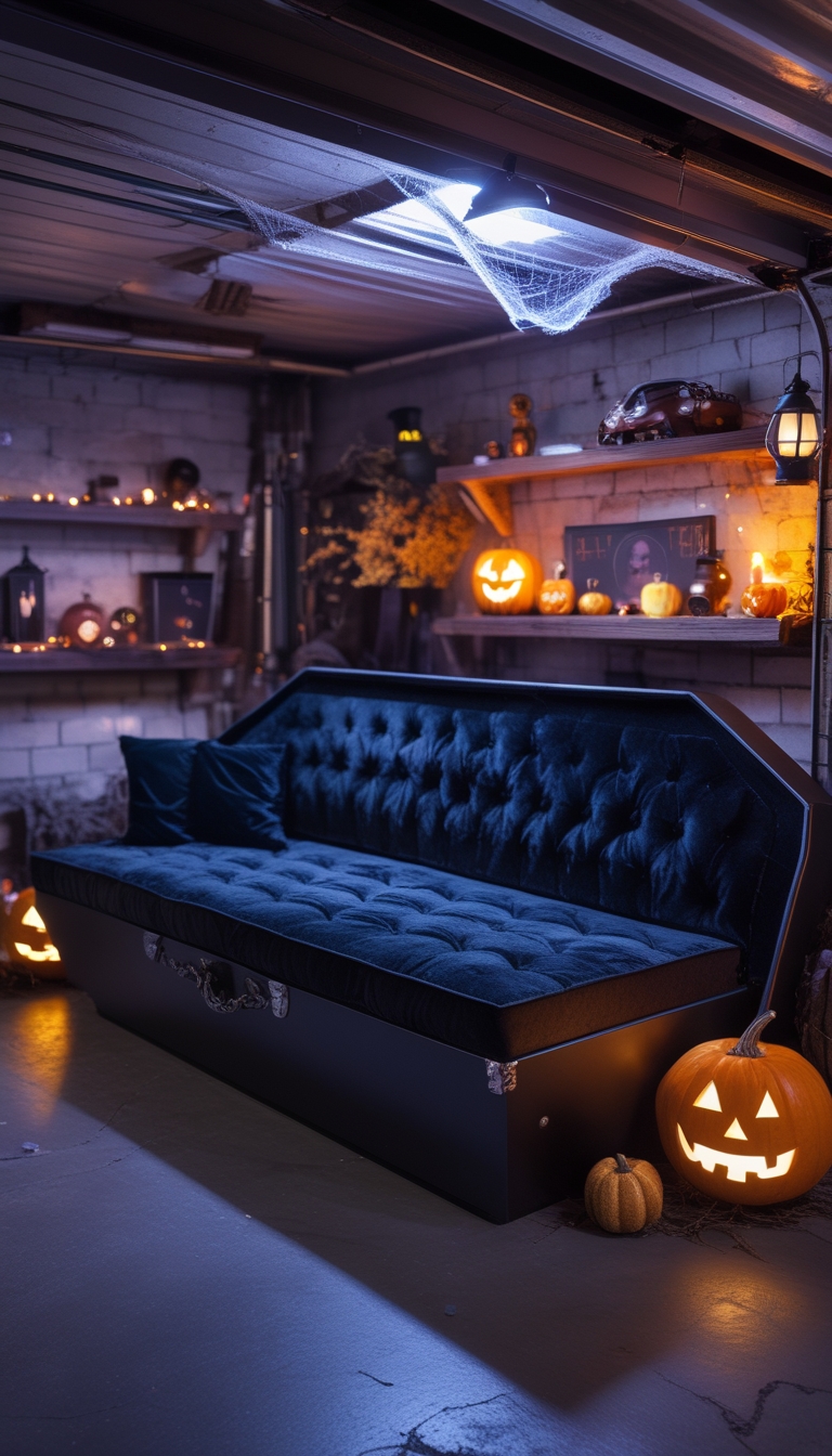A coffin-shaped lounge sofa in a garage decorated with Halloween pumpkins, cobwebs, and warm glowing lights.