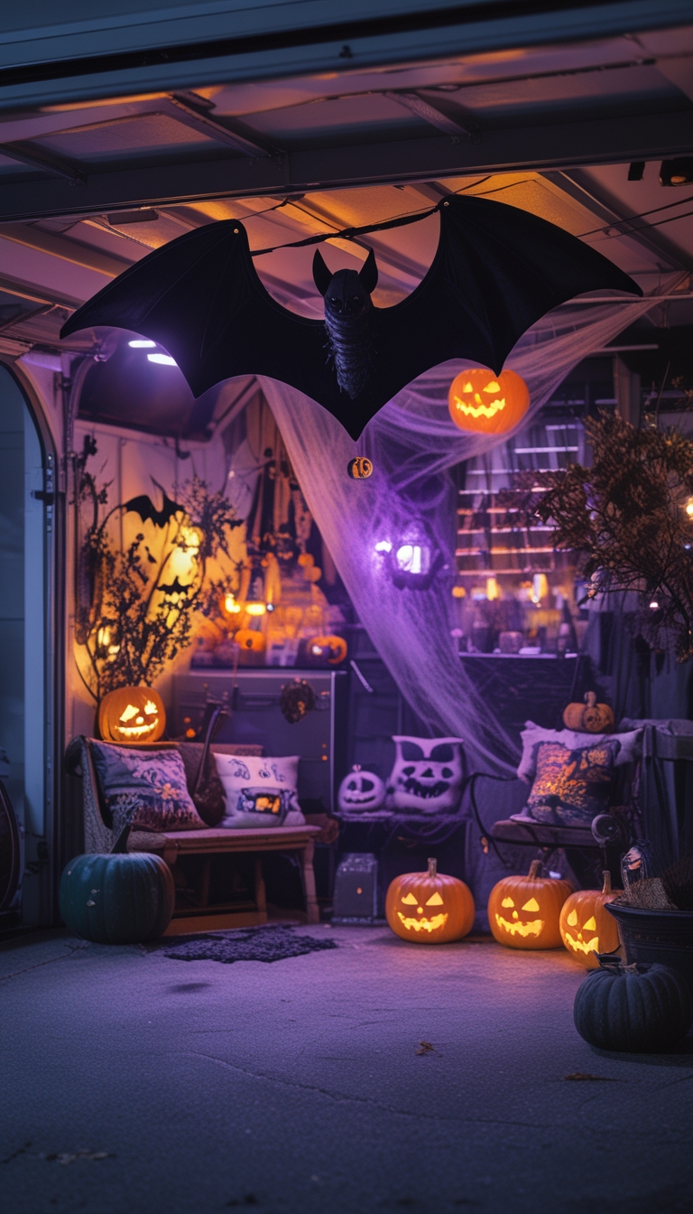 A garage decorated for Halloween with a black velvet bat canopy hanging from the ceiling, pumpkins, cobwebs, and cozy seating.