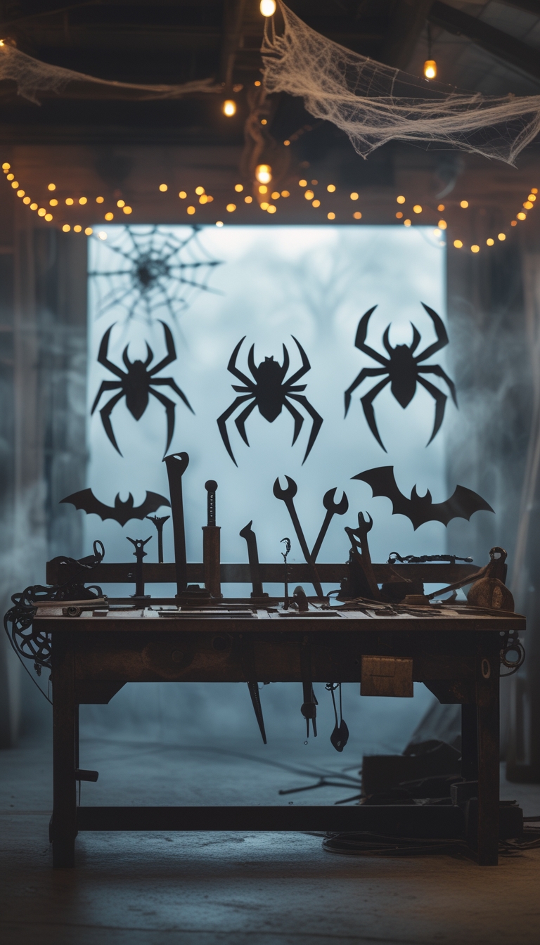 A dimly lit garage workbench with tools arranged to form spooky shapes like spiders and bats, surrounded by Halloween decorations and cobwebs.