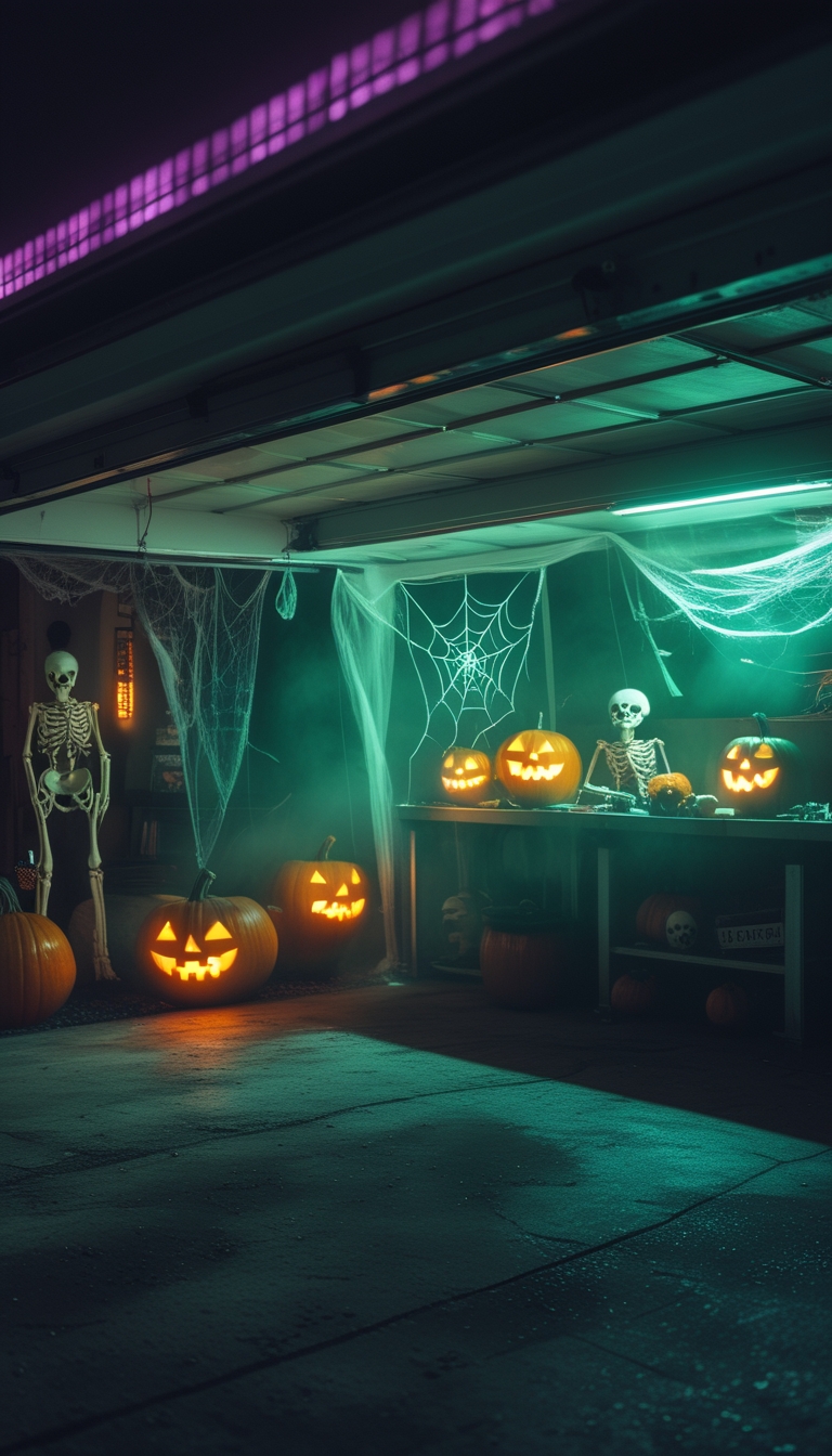 A dimly lit garage decorated with Halloween props including pumpkins, skeletons, cobwebs, and eerie colored lighting.